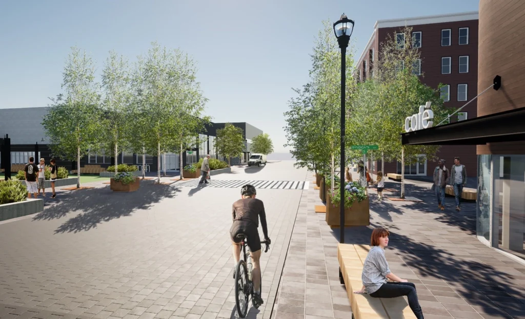 rendering of a road with trees, a cyclist and some buildings