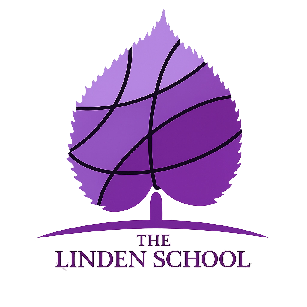 Logo that has a purple leaf upside down that frames a tree, beneath it, it reads The Linden School