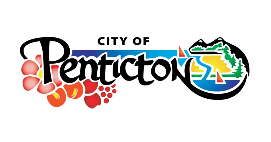 Logo that reads City of Penticton surrounded by flowers and blue water-like movements