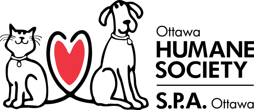 Logo that reads Ottawa Humane Society S.P.A Ottawa on the right and a cat and dog are on the left, their tails form a heart